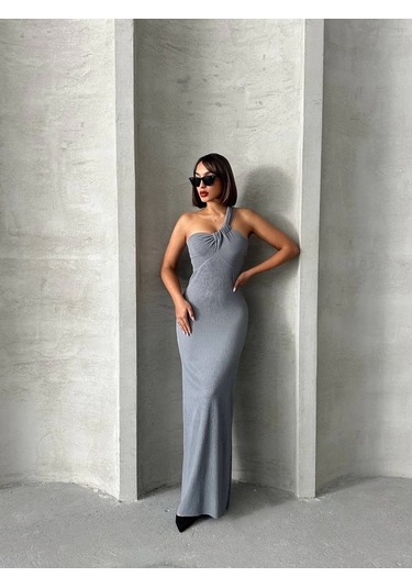 Tek Omuz Pliseli Elbise Gri