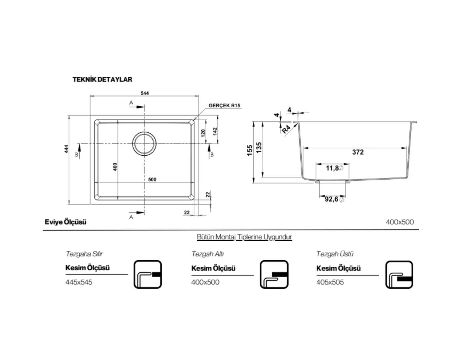 Real Stone Steep 50x40 Cappucino Granit Mutfak Eviyesi Cappuccino