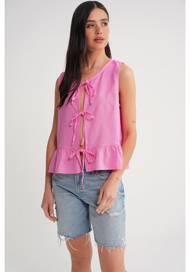 4717 Kadın Önü Bağcıklı Fırfırlı Kolsuz Keten Bluz Pembe Pembe