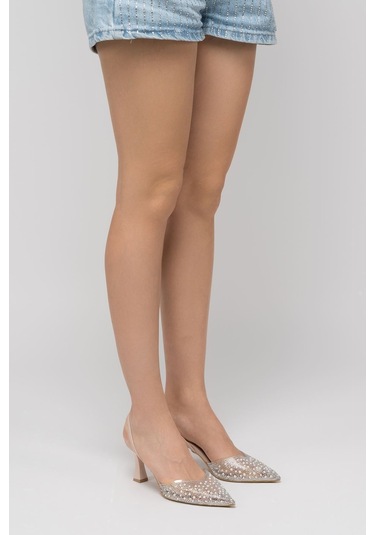 V-1005 Bej Günlük Arkası Açık Taşlı Topuklu Bayan Ayakkabı Bej