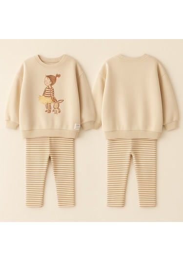 Kız Çocuk Balerin 3d Tütü Aplike Detaylı Sweatshirt Çizgili Tayt Alt Üst Takım KREM