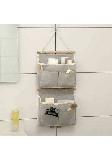 Kangvka Beyaz Kumaş Duvar Asılı Organizer - Makyaj, Mücevher Ve Aksesuarları Düzenleyen 25x23x6 Cm Depolama Çantası Gri