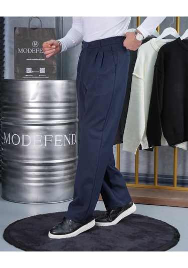 Modefendi Baggy Kesim Pile Detaylı Kumaş Pantolon Lacivert