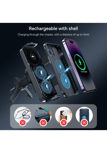 Geeroyoo Manyetik Kablosuz Araç Şarj Desteği, Otomatik Sıkma, Çift Bobinli Gri