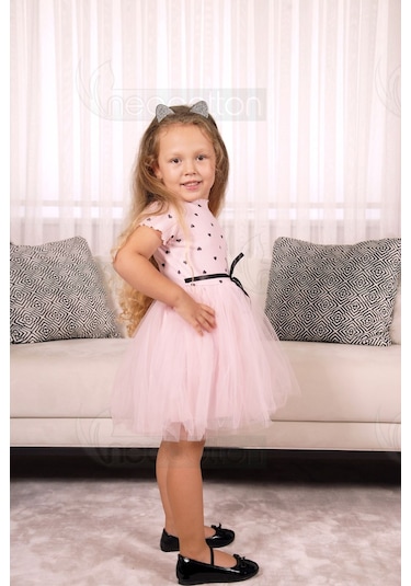 Kız Bebek-çocuk Kısa Kollu Doğum Günü Ve Özel Günler İçin Kalpli Tüllü Astarlı Elbise Kısakol-pembe Pembe