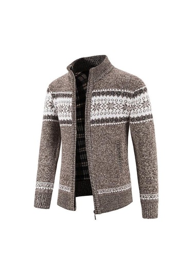 Erkek Kalın Örme Hırka Dik Yaka Fermuarlı Kazak Ceket Kahverengi