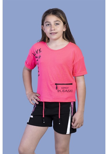 Toontoy Kız Çocuk Cep Detaylı Baskılı Şortlu Takım Fuşya