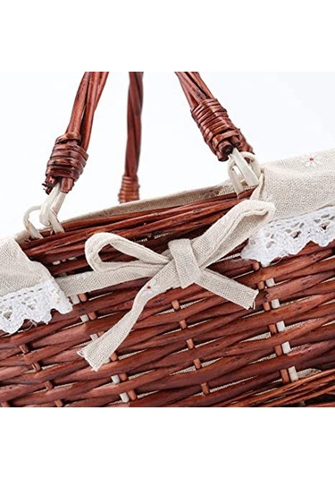 Agoodshop Doğal Hasır Dokuma Sepet, Saplı Ve Keten Pamuklu Kumaş Astarlı Premium Söğüt Sepet, Dekora Naturel