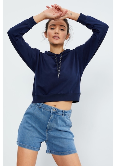 Tommy Life İndigo Uzun Kol Rahat Form Kapüşonlu Kadın Sweatshirt - 97115 İndigo