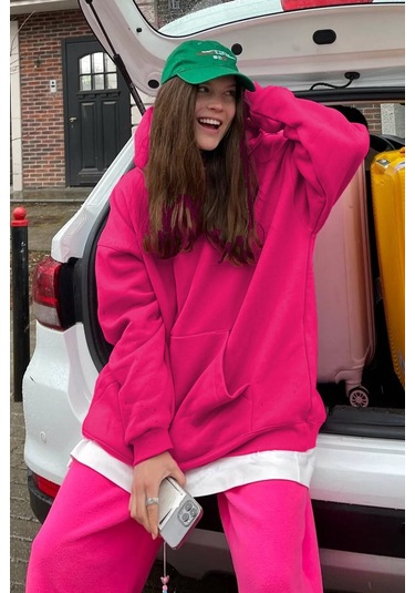 Madmext Fuşya Kapüşonlu Şardonlu Oversize Sweatshirt Mg1566 Fuşya