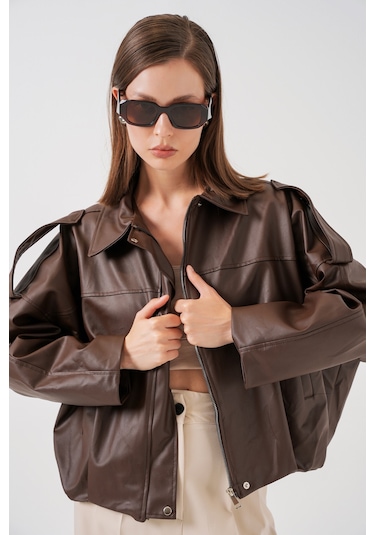 Kadın Oversize Deri Ceket 1055 - Kahverengi Kahverengi