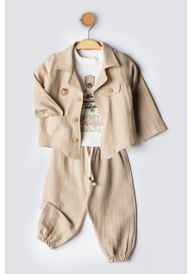 Erkek Bebek Ceket Yaka Müslin Gömlek 3'lü Takım Açık Kahverengi