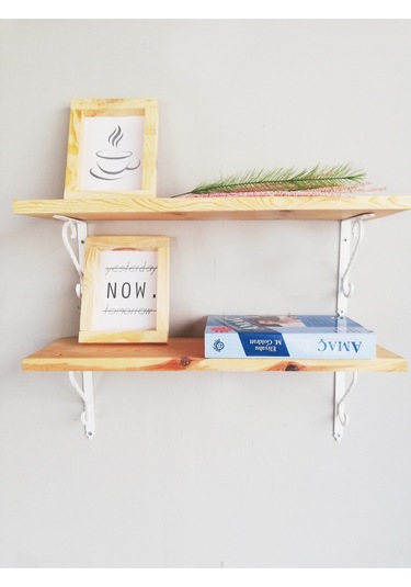 2'li Beyaz Ferforje Metal Ayaklı, Ahşap Kitaplık Duvar Rafı 50x11