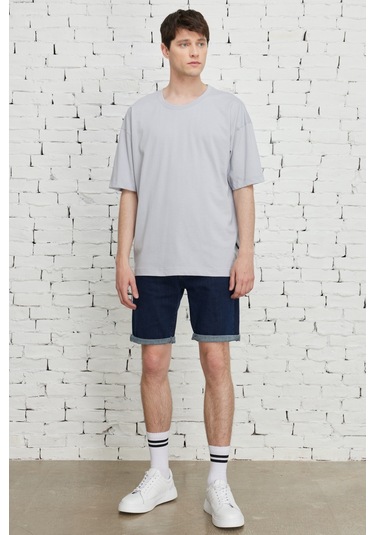 Ac&Co / Altınyıldız Classics Erkek Grı Oversize Bisiklet Yaka Tişört Gri