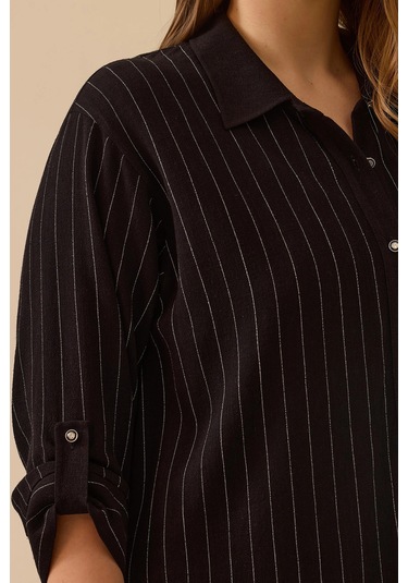 Galaxi Kadın Büyük Beden Çizgili Düğmeli Gömlek 4027 Siyah Siyah