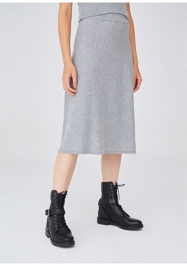Peraluna Kloş Kesim Kaşmir Karışım Diz Altı Triko Etek Gri Melanj
