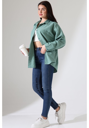 Yeni Sezon Poplin Kumaş Çift Cepli Oversize Pamuklu Kadın Tunik Gömlek Yeşil