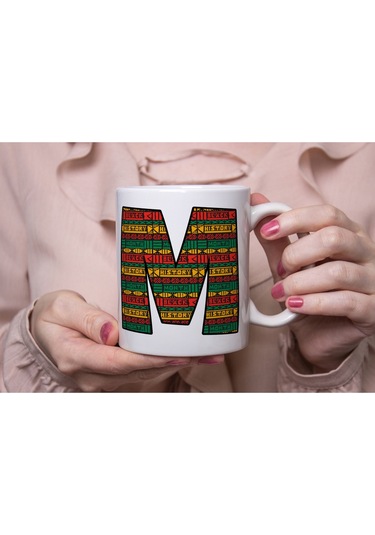 M Harfi Etnik Desenli Kupa - Afrika Tarzı Kahve Çay Kupası - Hediyelik - Black History Beyaz