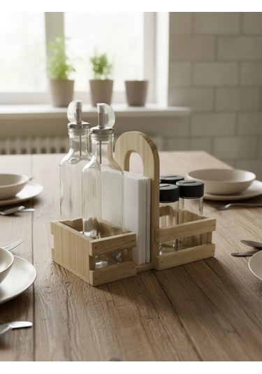 Ahşap Doğal Baharatlık Yağdanlık Ve Peçetelik Takımı Set Kavak-ıhlamur 1 Set Ahşap