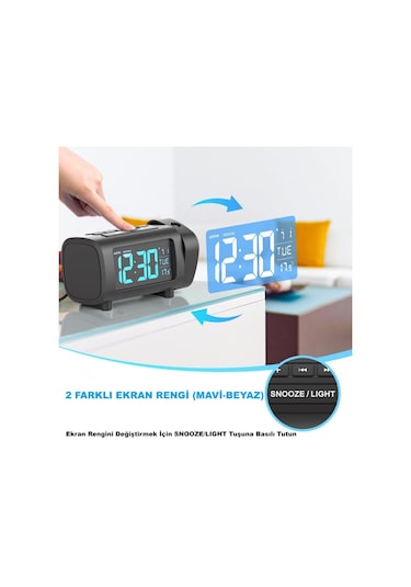 Hymark Mavi Projeksiyonlu Çalar Saat Fm Radyo Dijital Saat Usb Şarj Sıcaklık 4 Seviye Parlaklık Siyah