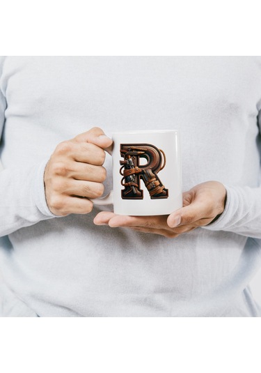 R Harfi Kovboy Temalı Bardak 330 Ml İsim / Harf Kişiye Özel Hediye - Vahşi Batı Konsept Beyaz