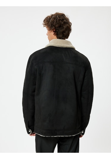 Koton Süet Görünümlü Ceket Slim Fit Peluş Detaylı Gömlek Yaka Siyah 5wam20075hw Siyah