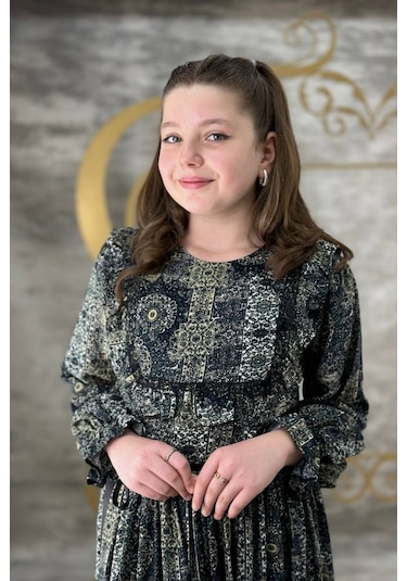 Desenli Tam Boy Uzun Kol Kız Çocuk Elbise 001