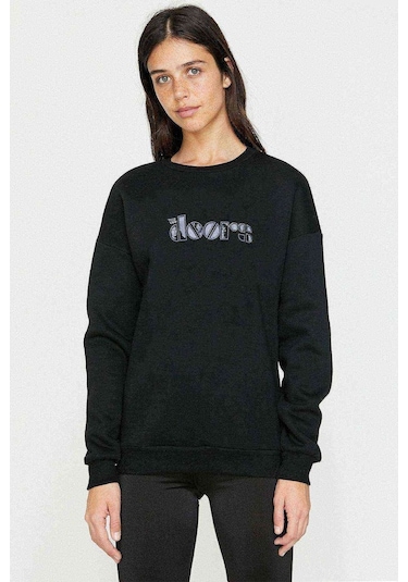 The Doors Silüet Logo Baskılı Siyah Kadın Sweashirt