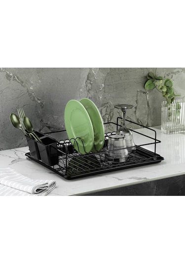 Siyah Tek Katlı Bulaşıklık – Bulaşık Sepeti, Tabaklık ve Kaşıklık, Dayanıklı Metal 45x34x10 cm - (TB-01 E)
