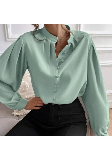 Yarım Açık Yaka Bluz 2023 Sonbahar Gömlek Kadın Düz Renk Gevşek Uzun Fener Kollu Zarif Giysiler Blusas Tops 29732 Açık Yeşil