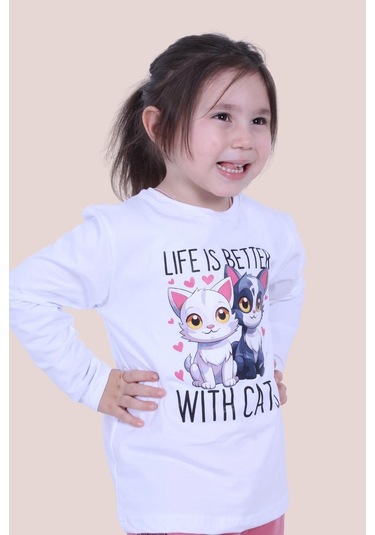 Life Is Better With Cats Baskılı Kız Çocuk Uzun Kol Beyaz Sweatshirt Beyaz