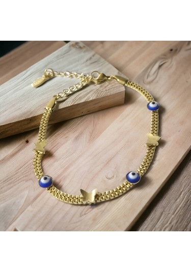 Çelik Kelebek Lacivert Göz Altın Renk Kararmaz Bayan Bileklik Çelik