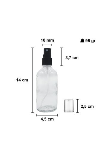 Afracam Şeffaf 100 Ml Kapaklı Sprey Dezenfektan Cam Şişe 20 Adet Siyah