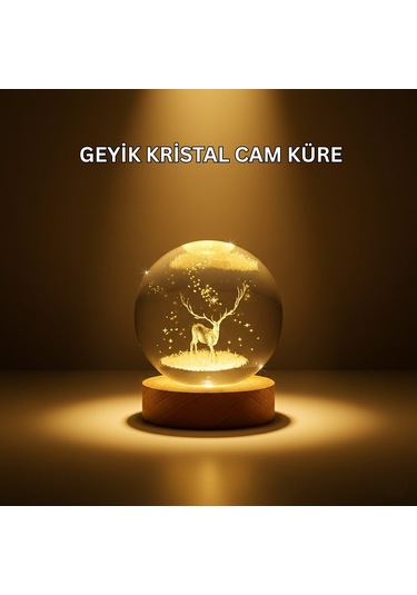 Usb Bağlantılı Geyik Temalı Kristal Küre Premium Masa Gece Lambası Standart