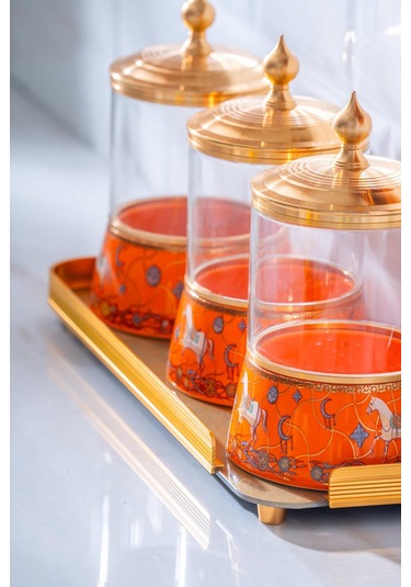 Passifolia 4 Parça Tepsili Cam Baharat Kavanoz Seti Turuncu