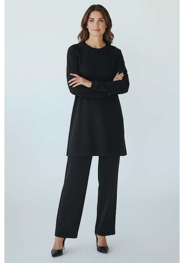 Kadın Tunik Önü Dikişli Altı Bantlı Pantolonun Beli Lastikli Önü Dikişli İkili Takım Siyah