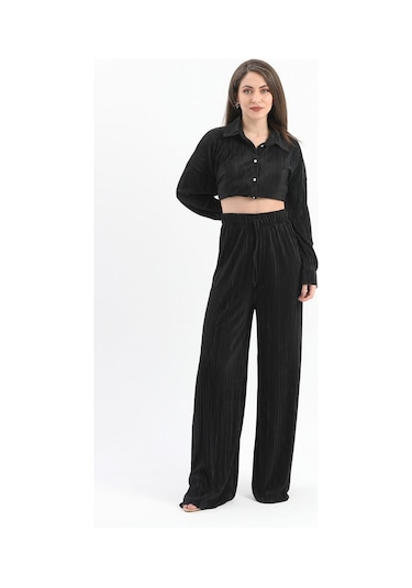 Düğme Detaylı Örme Pilise Takım - Siyah-siyah Siyah