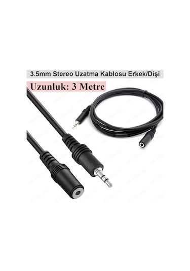 3.5 Mm Stereo Aux Ses Uzatma Kablosu Erkek - Dişi 3 Metre