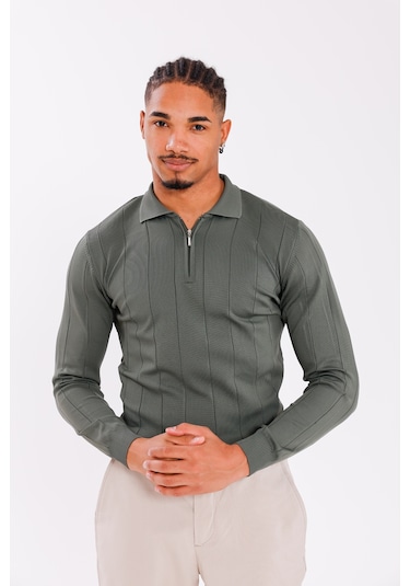 Monox Erkek Yarım Fermuarlı Polo Yaka Triko Kazak Haki