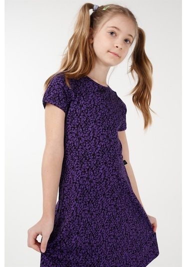 Brz Kids Metraj Baskılı Kısa Kollu Kız Çocuk Elbise Lila