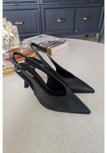 10 44 Topukla Kadın Arkası Açık Kadeh Topuklu Stiletto Abiye Ayakkabı Siyah Saten