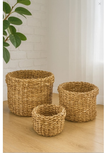 3'lü Hasır Saksılık Seti 3 Adet El Örgüsü Dekoratif Saksı 13055 -