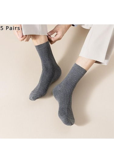 Siyah 5 Çift/grup Erkek Dikey Çizgili Pamuklu Çorap Orta Buzağı Nefes Alabilen Çorap İş Spor Çorapları Siyah