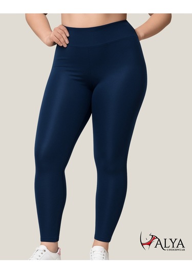 Toparlayıcı Yüksek Bel Kadın Günlük Spor Parlak Tayt Lacivert