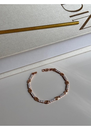 Zincir Motifli Zirkon Taşlı Altın Renk Çelik Bileklik Şık Kadın Takı Gümüş