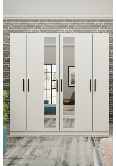 Gm 081 Favorite 6 Kapılı Aynalı Beyaz Siyah Kulplu Gardırop