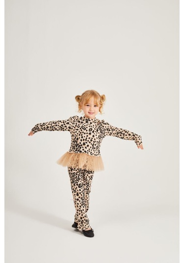 Kız Çocuk Leopar Desenli 2 Li Takım Tütü Detaylı Üst & Pantolon Leopar