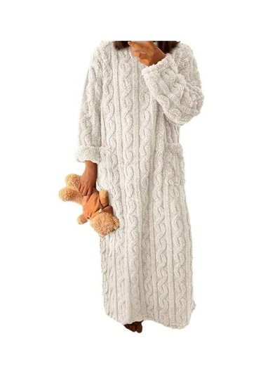 Sonbahar Kış Gecelik Kalın Mercan Polar Gevşek Cepler Sıcak Düz Renk Yuvarlak Boyun Bükülmüş Doku Uzun Kollu Tam Boy Termal Ev Tekstili Beyaz