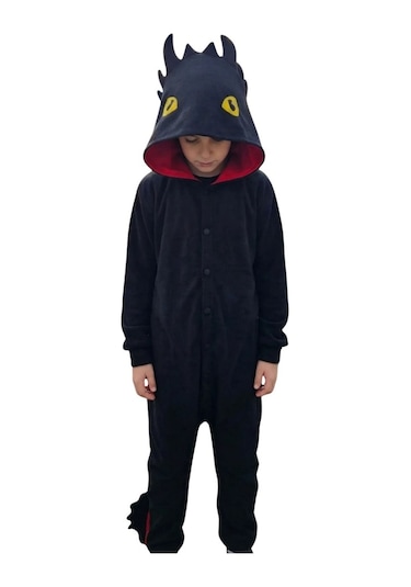 Dişsiz Ejderha Kostümü Siyah Ejderha Pijama Tulum Kostüm