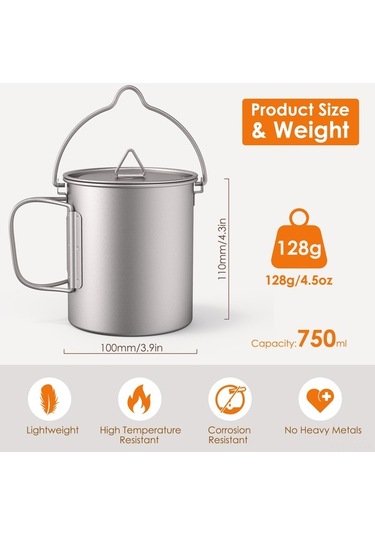 Novahub Titanyum Su Bardağı - Kamp, Hiking Ve Ev Kullanımı İçin Gümüş, 750ml Hafif Ve Dayanıklı Gümüş